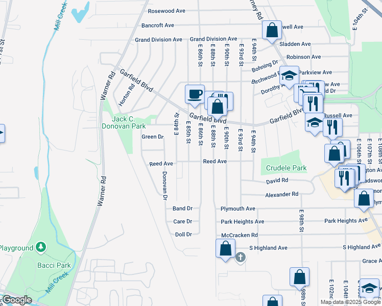 map of restaurants, bars, coffee shops, grocery stores, and more near 4865 East 85th Street in Garfield Heights