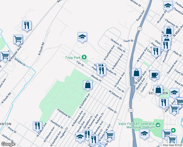 map of restaurants, bars, coffee shops, grocery stores, and more near 1701 Farr St in Scranton