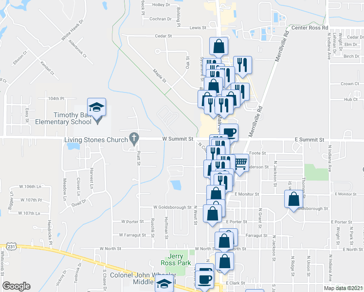 map of restaurants, bars, coffee shops, grocery stores, and more near 300 Summit Park Court South in Crown Point
