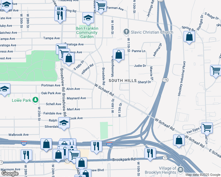 map of restaurants, bars, coffee shops, grocery stores, and more near 4752 Morningside Dr in Cleveland