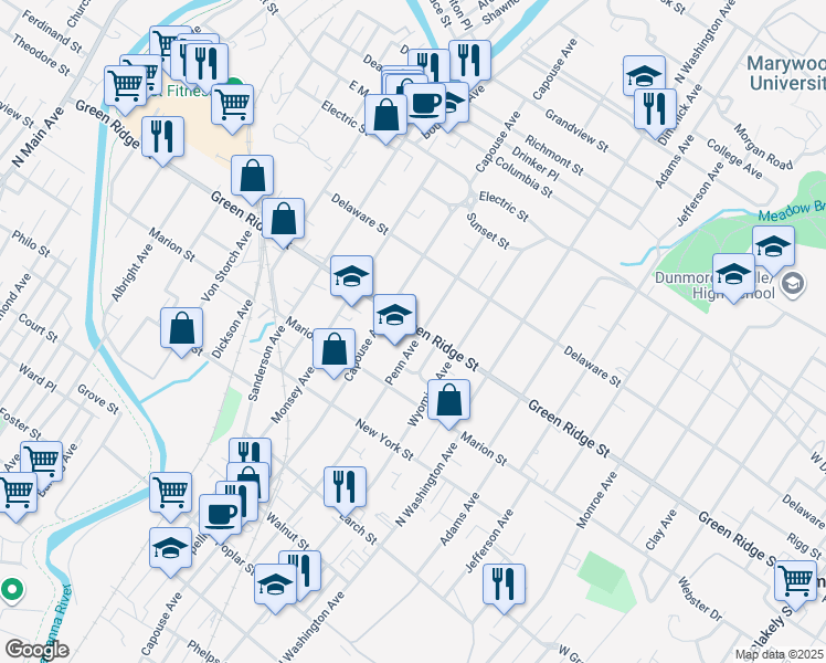 map of restaurants, bars, coffee shops, grocery stores, and more near 932 Green Ridge Street in Scranton