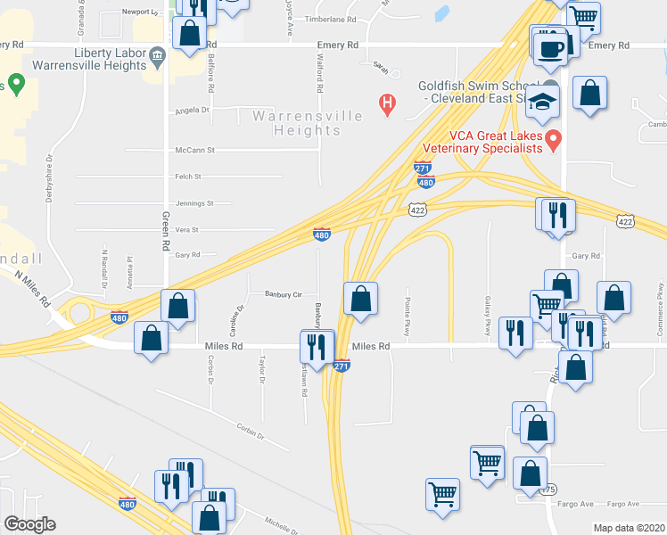 map of restaurants, bars, coffee shops, grocery stores, and more near 4889 Banbury Court in Warrensville Heights