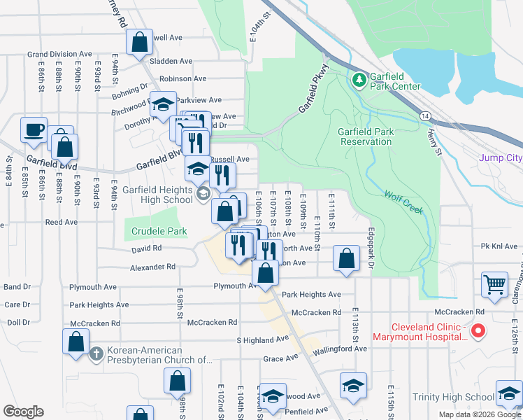 map of restaurants, bars, coffee shops, grocery stores, and more near 10402 Homeworth Avenue in Garfield Heights