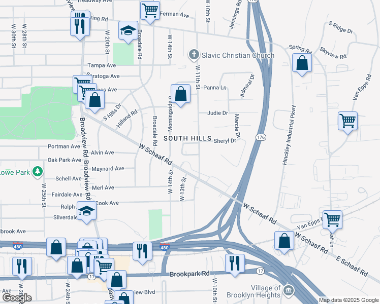 map of restaurants, bars, coffee shops, grocery stores, and more near 4781 Andrea Lane in Cleveland