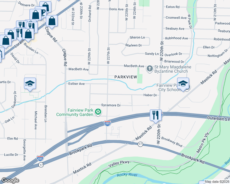 map of restaurants, bars, coffee shops, grocery stores, and more near 22690 Haber Drive in Fairview Park