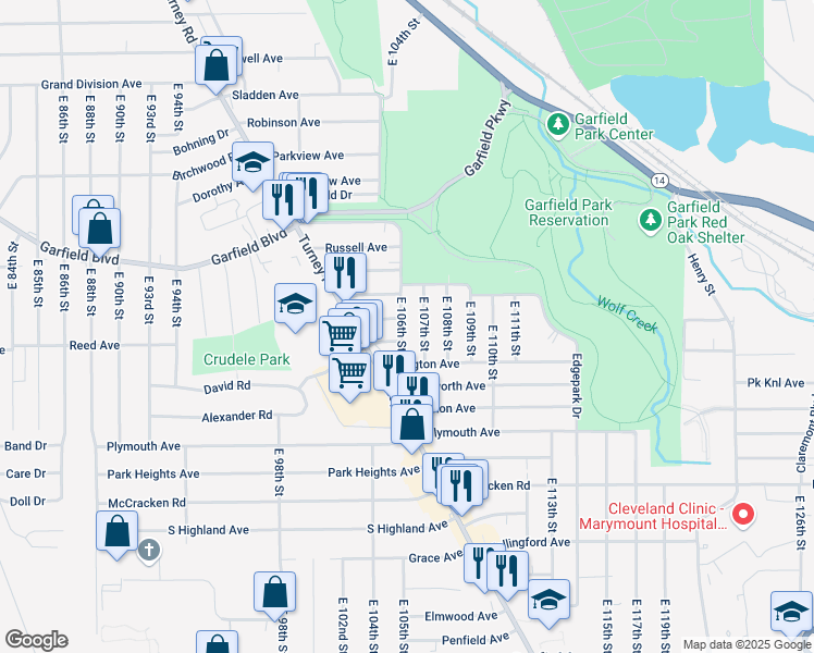 map of restaurants, bars, coffee shops, grocery stores, and more near 10402 Homeworth Avenue in Garfield Heights