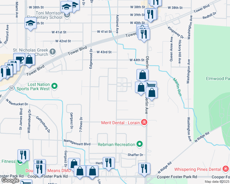map of restaurants, bars, coffee shops, grocery stores, and more near 4802 Ashland Avenue in Lorain