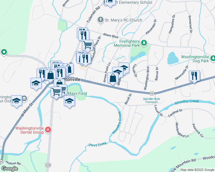 map of restaurants, bars, coffee shops, grocery stores, and more near 76 E Main St in Washingtonville