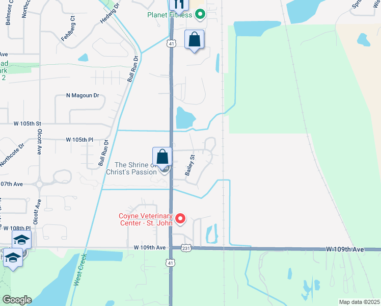 map of restaurants, bars, coffee shops, grocery stores, and more near 11105 West 105th Place in Saint John