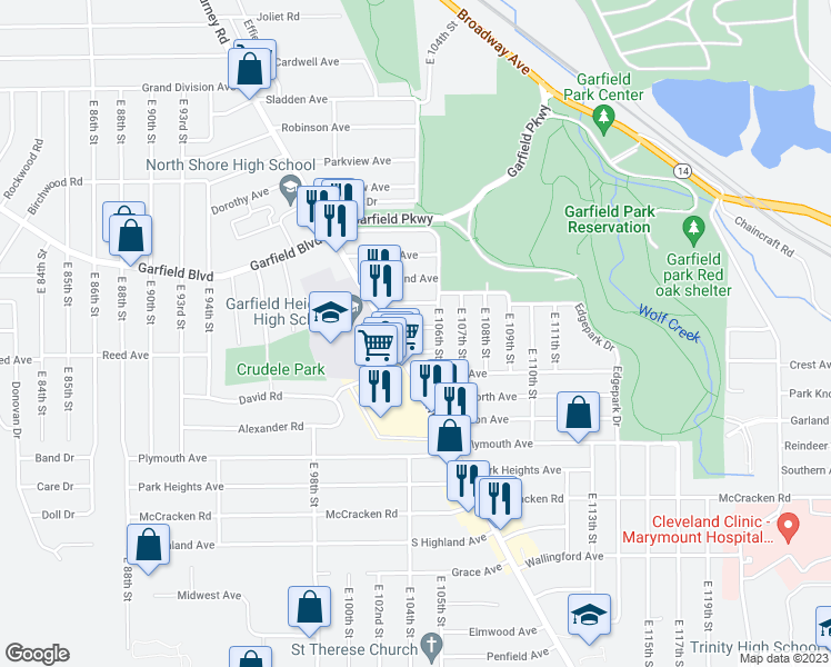 map of restaurants, bars, coffee shops, grocery stores, and more near 10308 Homeworth Avenue in Garfield Heights