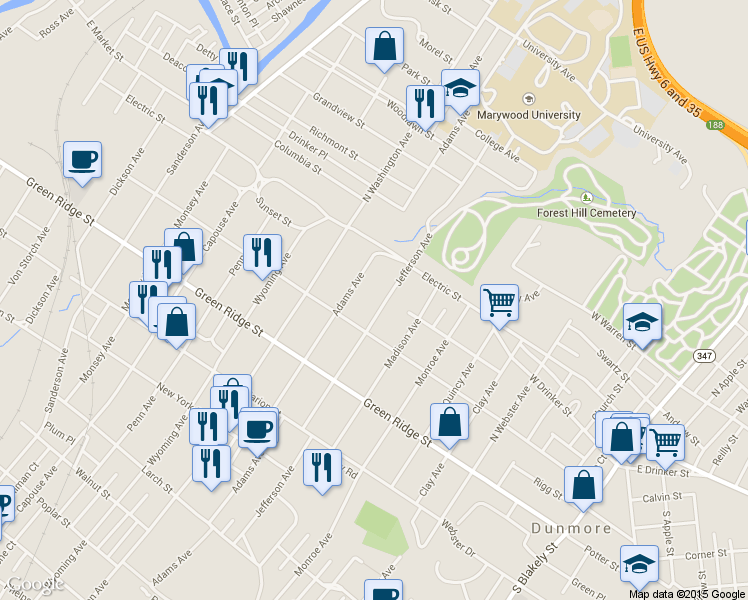 map of restaurants, bars, coffee shops, grocery stores, and more near 1715 Jefferson Avenue in Dunmore