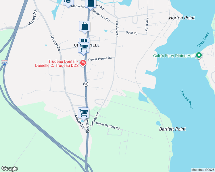 map of restaurants, bars, coffee shops, grocery stores, and more near 97 Lathrop Road in Montville