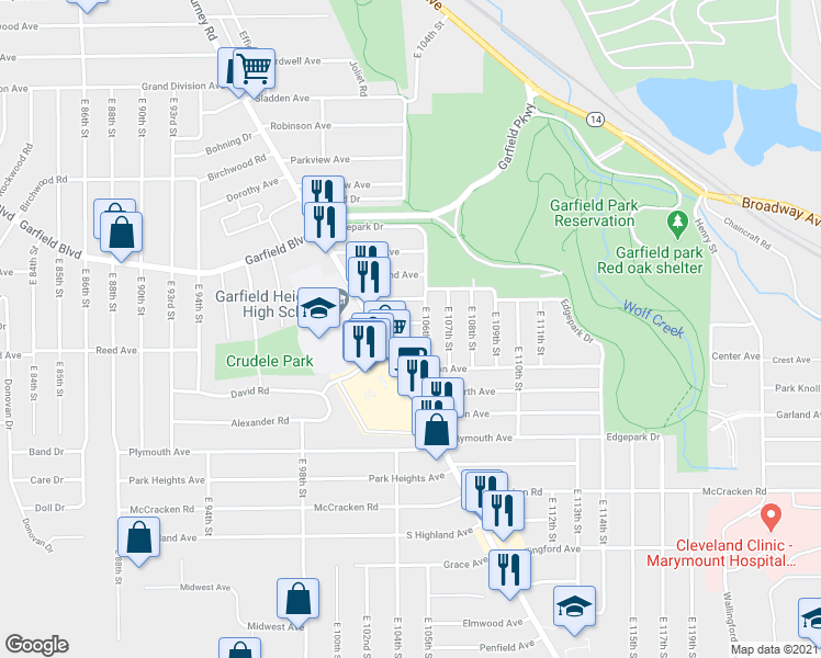 map of restaurants, bars, coffee shops, grocery stores, and more near 10402 Homeworth Avenue in Garfield Heights