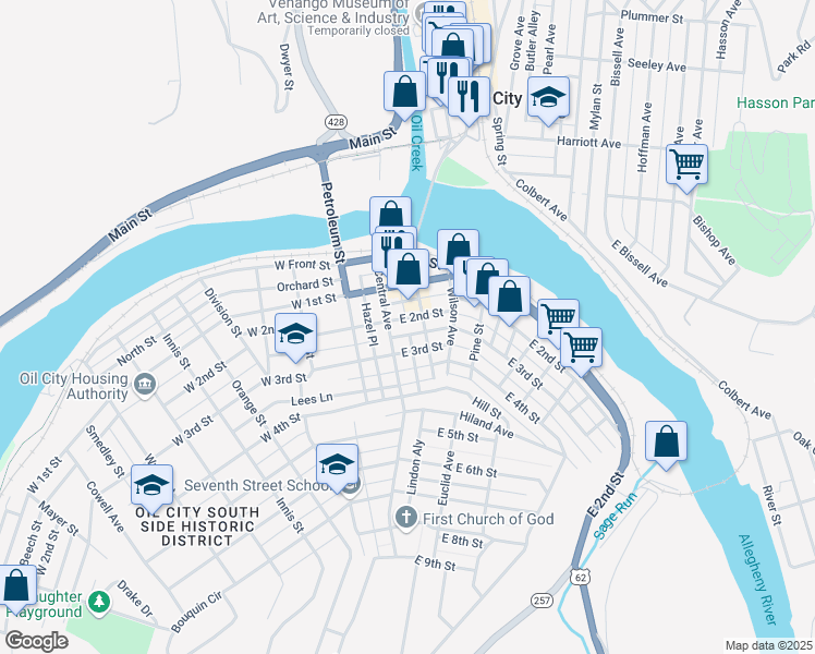 map of restaurants, bars, coffee shops, grocery stores, and more near 7 East 2nd Street in Oil City