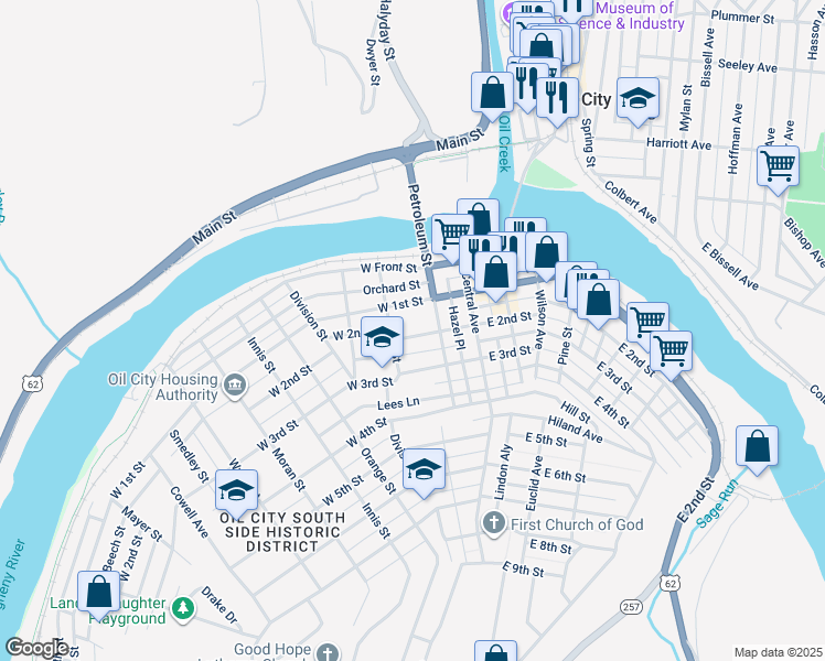 map of restaurants, bars, coffee shops, grocery stores, and more near 16 West 2nd Street in Oil City