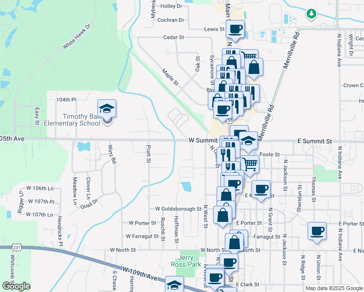 map of restaurants, bars, coffee shops, grocery stores, and more near 371 Summit Park Ct W in Crown Point