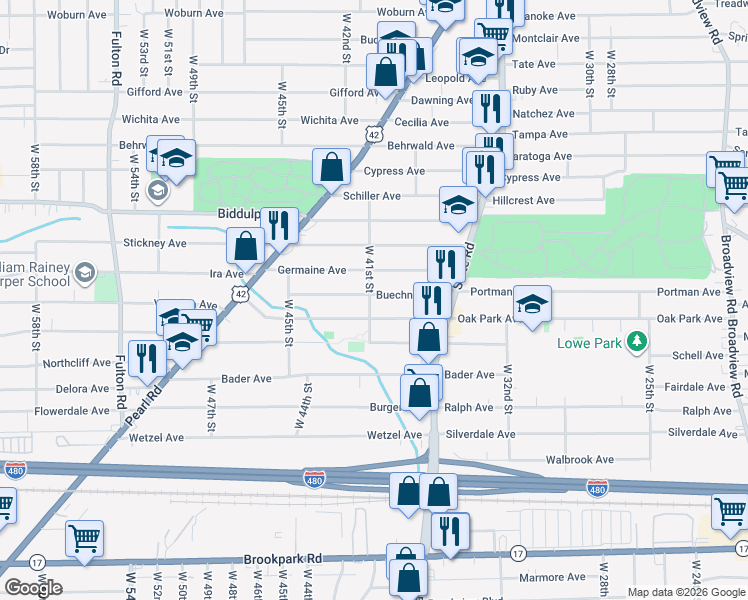 map of restaurants, bars, coffee shops, grocery stores, and more near 4013 Buechner Avenue in Cleveland