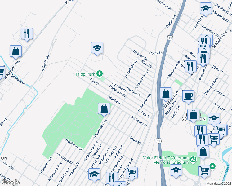 map of restaurants, bars, coffee shops, grocery stores, and more near 1624 Farr Street in Scranton