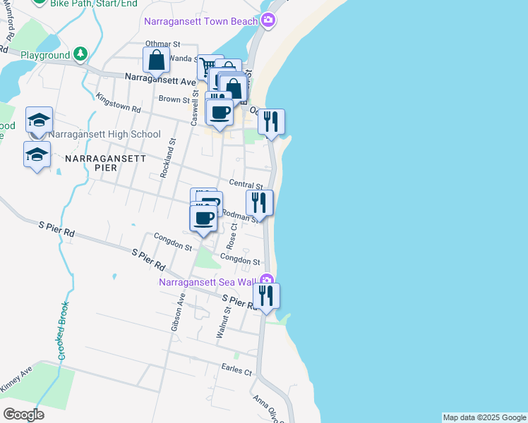 map of restaurants, bars, coffee shops, grocery stores, and more near 63-81 Ocean Road in Narragansett