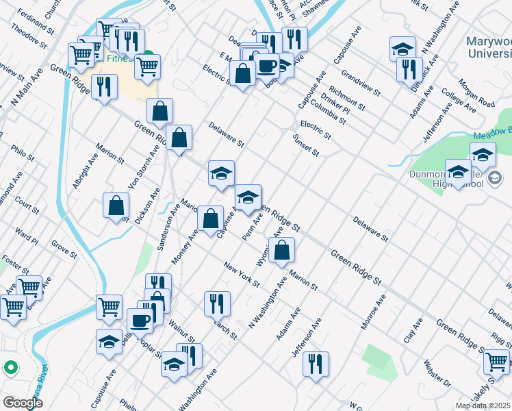 map of restaurants, bars, coffee shops, grocery stores, and more near 932 Green Ridge Street in Scranton