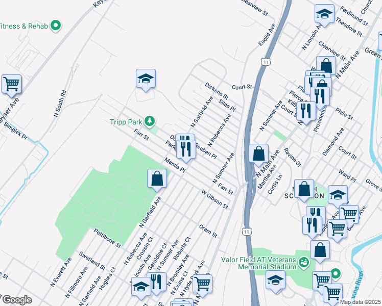 map of restaurants, bars, coffee shops, grocery stores, and more near 1624 Farr Street in Scranton