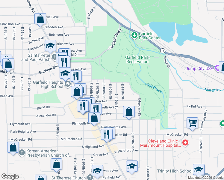 map of restaurants, bars, coffee shops, grocery stores, and more near 4922 East 109th Street in Garfield Heights