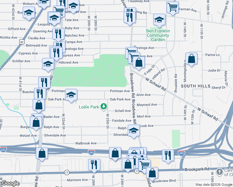 map of restaurants, bars, coffee shops, grocery stores, and more near 2306 Oak Park Avenue in Cleveland