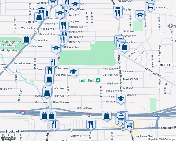 map of restaurants, bars, coffee shops, grocery stores, and more near 2810 Oak Park Avenue in Cleveland