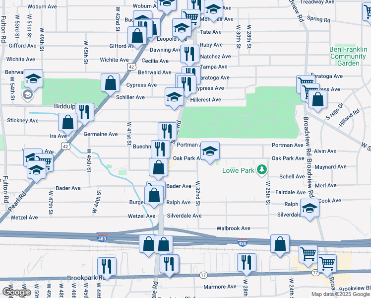 map of restaurants, bars, coffee shops, grocery stores, and more near 3308 Oak Park Avenue in Cleveland