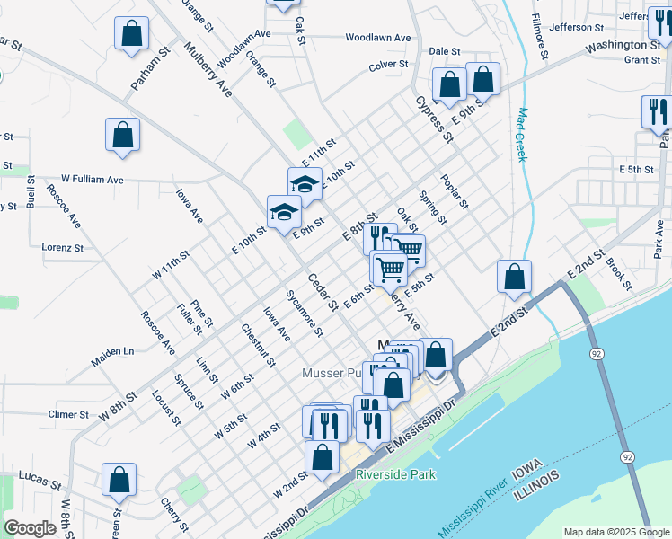 map of restaurants, bars, coffee shops, grocery stores, and more near 309 East 7th Street in Muscatine