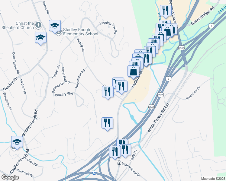 map of restaurants, bars, coffee shops, grocery stores, and more near 46 East Ridge Drive in Danbury
