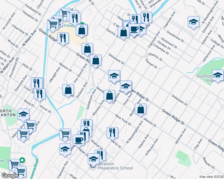 map of restaurants, bars, coffee shops, grocery stores, and more near 1514 Monsey Avenue in Scranton