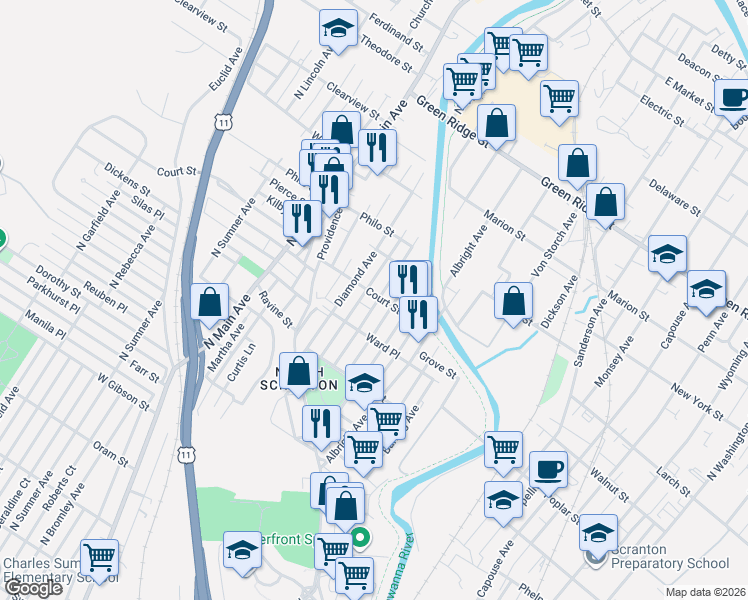 map of restaurants, bars, coffee shops, grocery stores, and more near 1130 Blair Avenue in Scranton