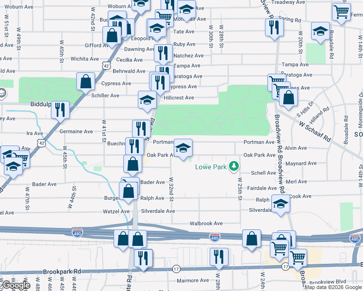 map of restaurants, bars, coffee shops, grocery stores, and more near 2922 Oak Park Avenue in Cleveland