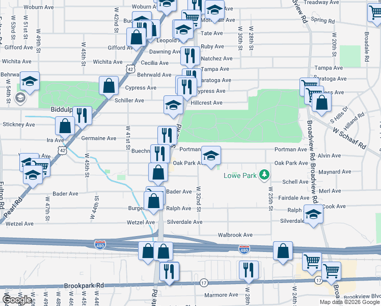 map of restaurants, bars, coffee shops, grocery stores, and more near 3308 Oak Park Avenue in Cleveland