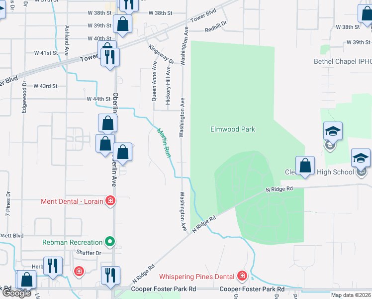 map of restaurants, bars, coffee shops, grocery stores, and more near 4671 Washington Avenue in Lorain