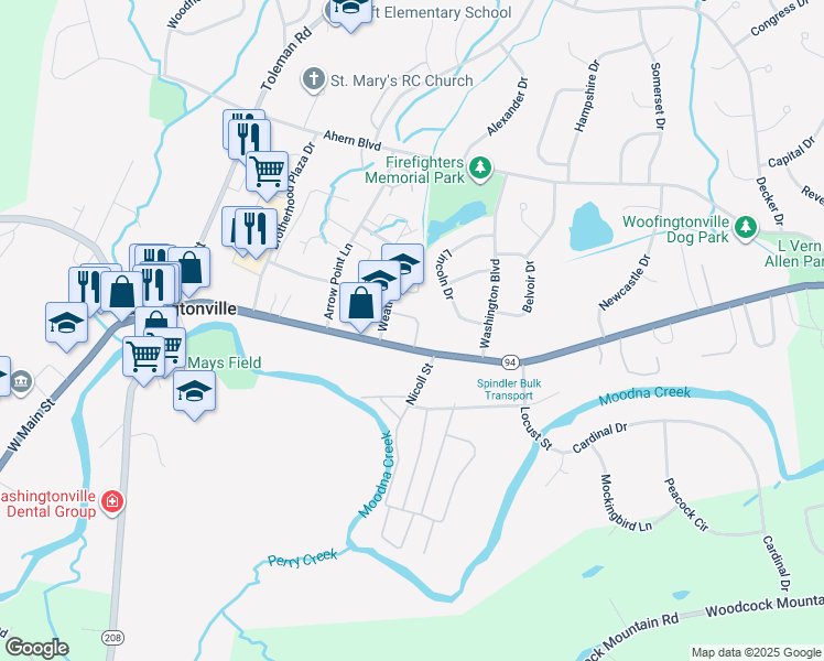 map of restaurants, bars, coffee shops, grocery stores, and more near 90 East Main Street in Washingtonville