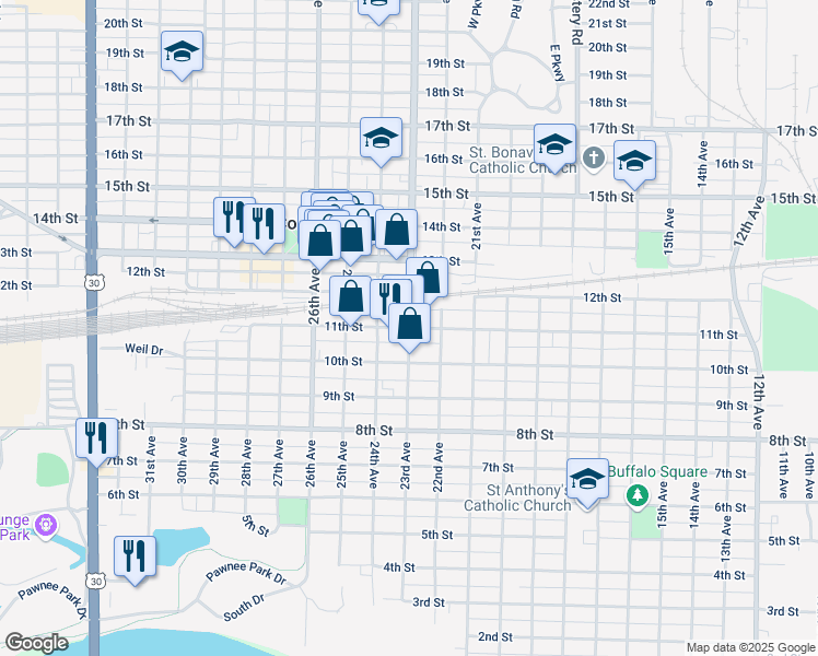 map of restaurants, bars, coffee shops, grocery stores, and more near 2301 11th Street in Columbus