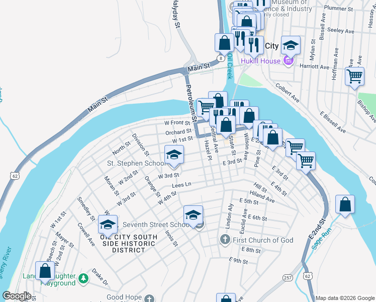 map of restaurants, bars, coffee shops, grocery stores, and more near 16 West 2nd Street in Oil City