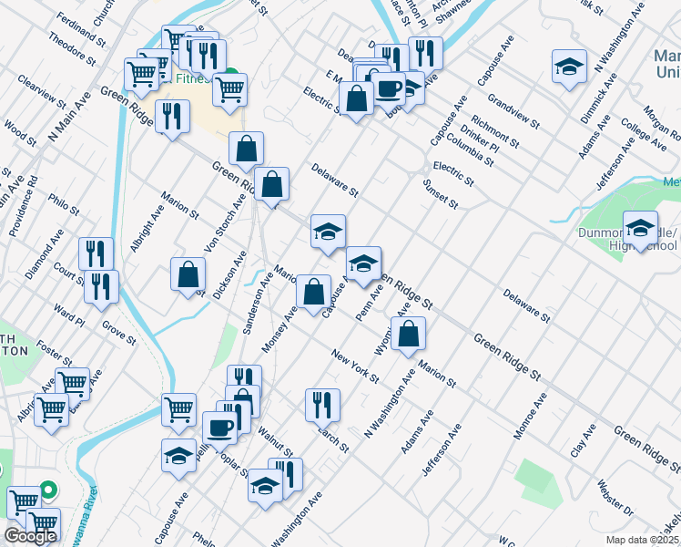 map of restaurants, bars, coffee shops, grocery stores, and more near in Dunmore