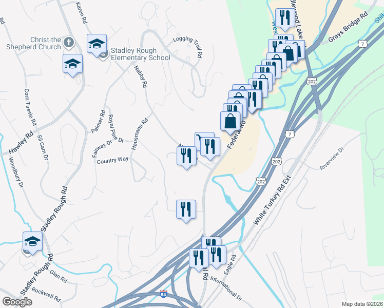 map of restaurants, bars, coffee shops, grocery stores, and more near 46 East Ridge Drive in Danbury