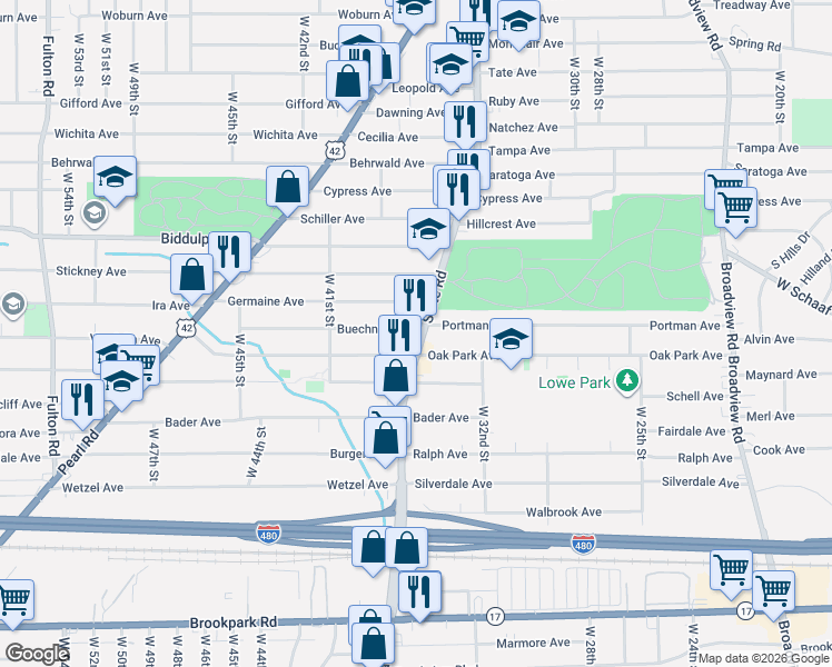 map of restaurants, bars, coffee shops, grocery stores, and more near 4674 State Road in Cleveland