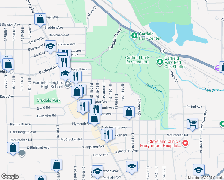 map of restaurants, bars, coffee shops, grocery stores, and more near 4922 East 109th Street in Garfield Heights