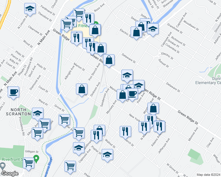 map of restaurants, bars, coffee shops, grocery stores, and more near 700 Marion Street in Scranton