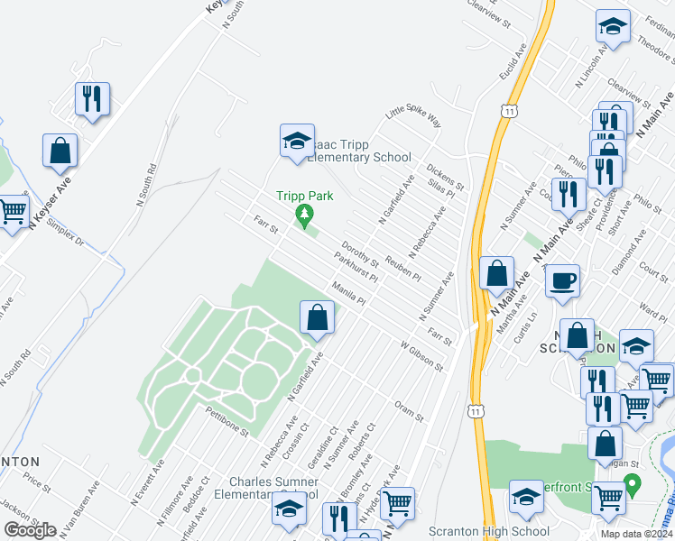 map of restaurants, bars, coffee shops, grocery stores, and more near 927 North Garfield Avenue in Scranton