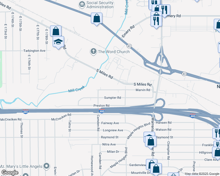 map of restaurants, bars, coffee shops, grocery stores, and more near 19405 Marvin Road in Warrensville Heights