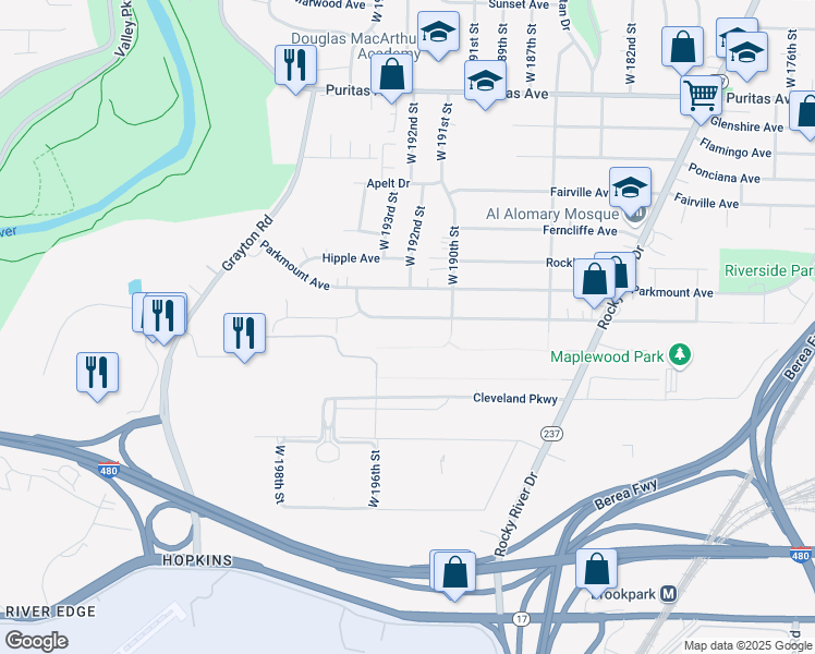 map of restaurants, bars, coffee shops, grocery stores, and more near 19114 Forestwood Avenue in Cleveland