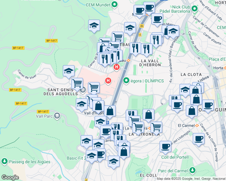 map of restaurants, bars, coffee shops, grocery stores, and more near 119-129 Passeig de la Vall d'Hebron in Barcelona
