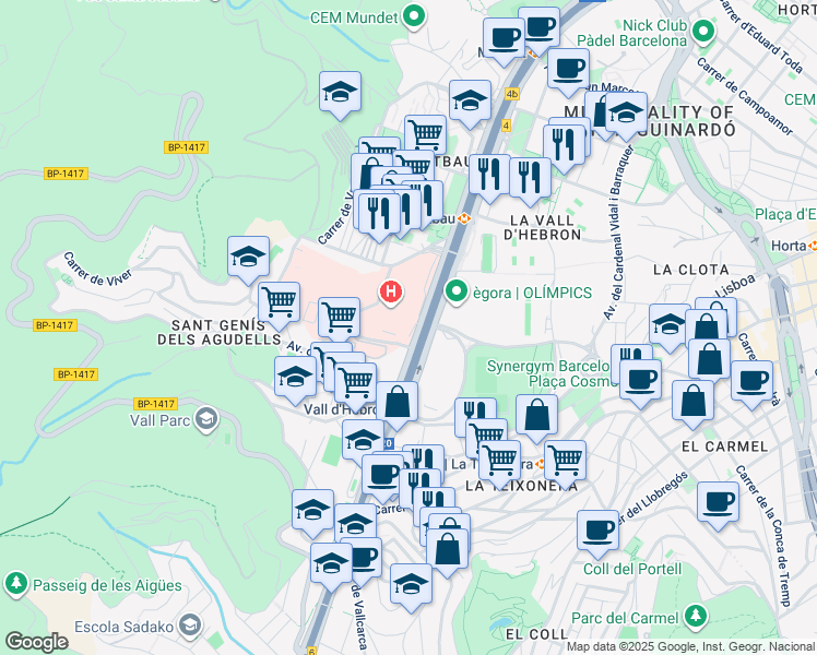 map of restaurants, bars, coffee shops, grocery stores, and more near 119-129 Passeig de la Vall d'Hebron in Barcelona