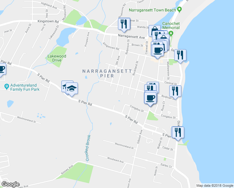 map of restaurants, bars, coffee shops, grocery stores, and more near 106 Robinson Street in Narragansett